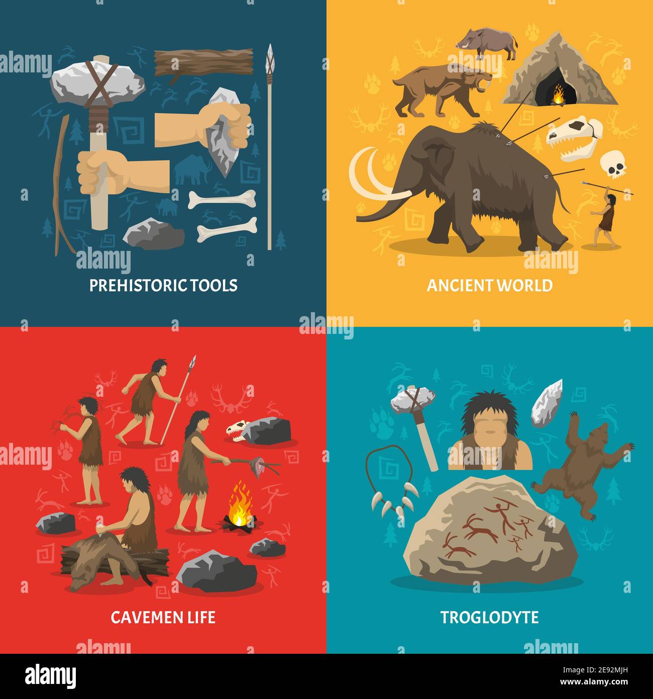 Farbe flache Komposition mit Titel Darstellung prähistorischen Werkzeuge Höhlenmenschen Leben Antike Welt troglodyte isolierte Vektor-Illustration Stock Vektor
