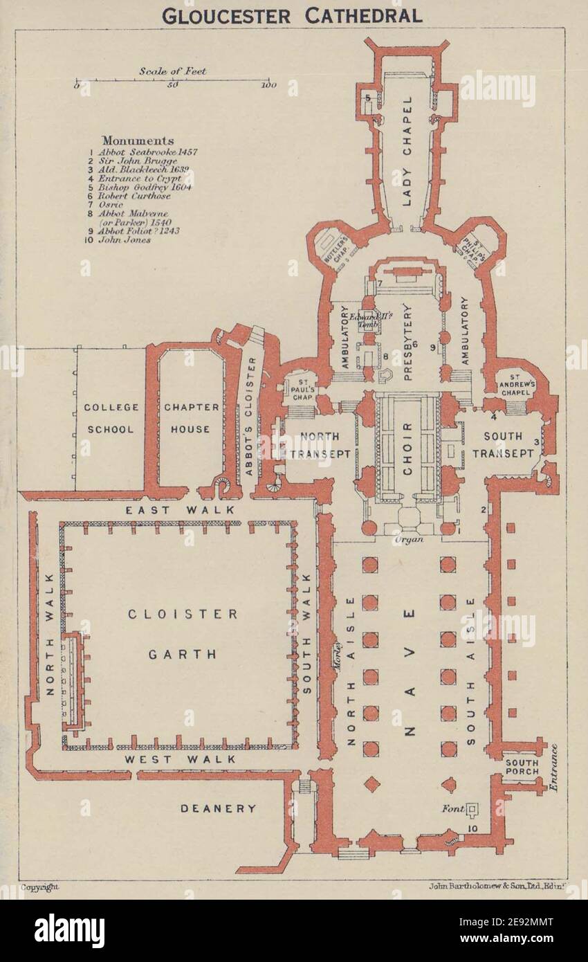 Gloucester Cathedral Erdgeschossplan. Gloucestershire 1920 alte antike Landkarte Stockfoto