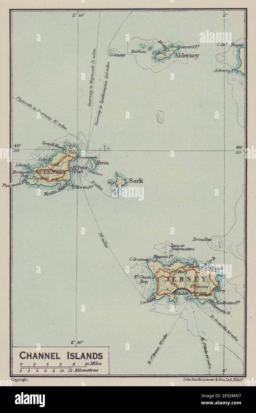 Kanalinseln. Jersdey Guernsey Sark Alderney 1920 alte antike Landkarte Stockfoto
