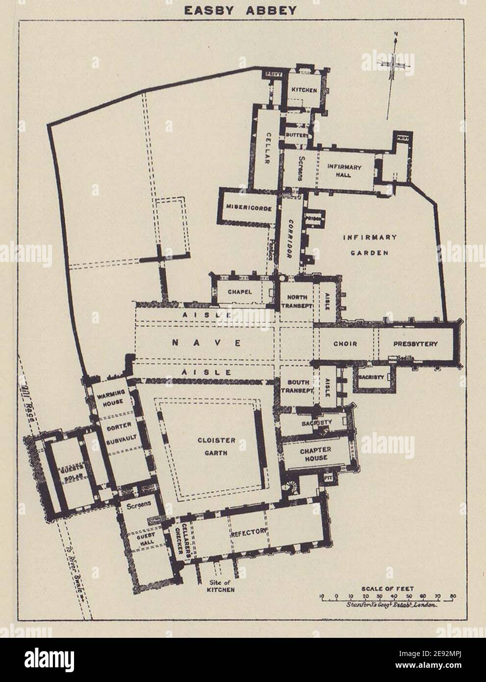 Easby Abbey Erdgeschossplan. Yorkshire 1920 alte antike Kartenkarte Stockfoto