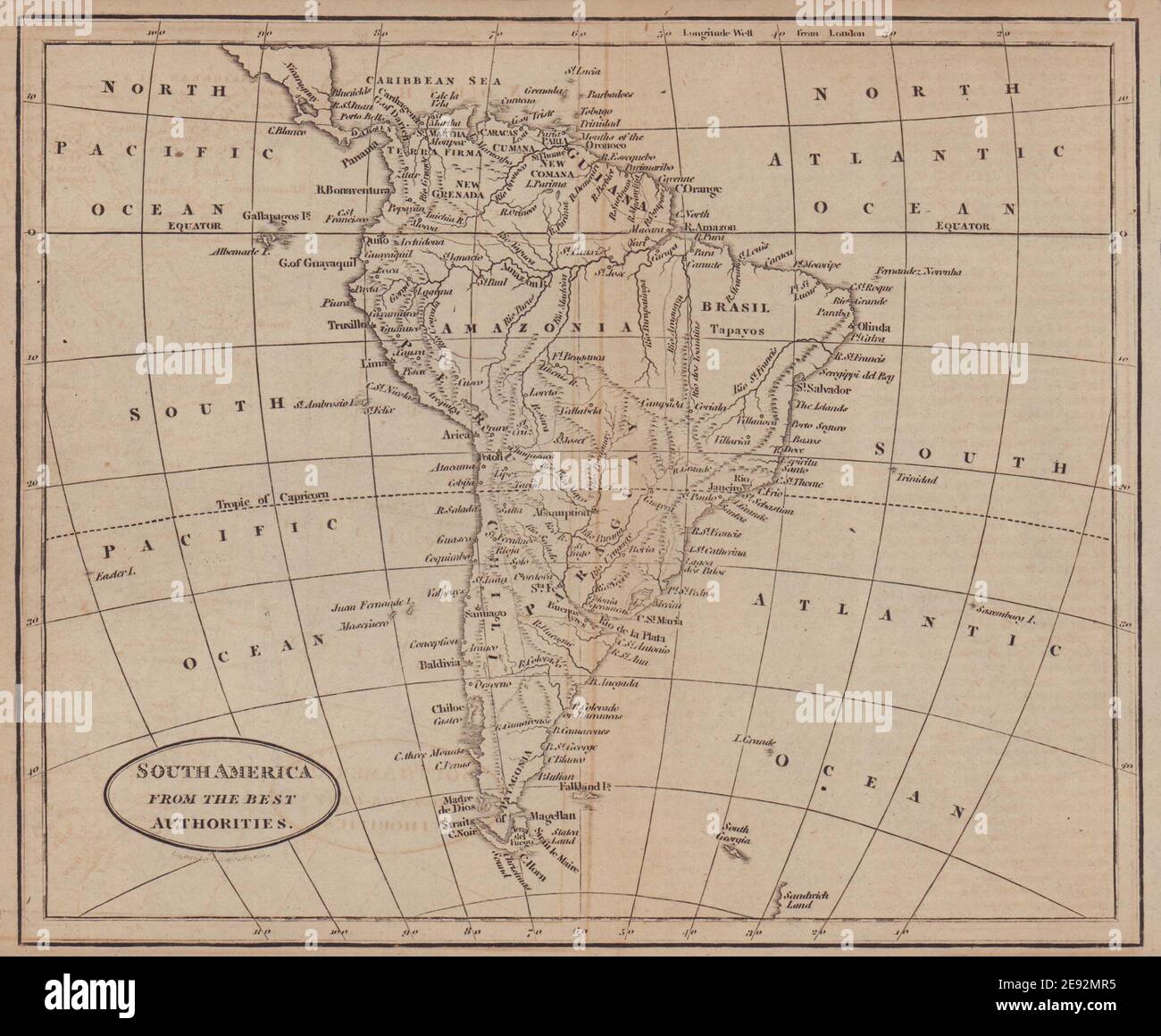 Südamerika von den besten Autoritäten von Richard Brookes 1812 Alte Karte Stockfoto