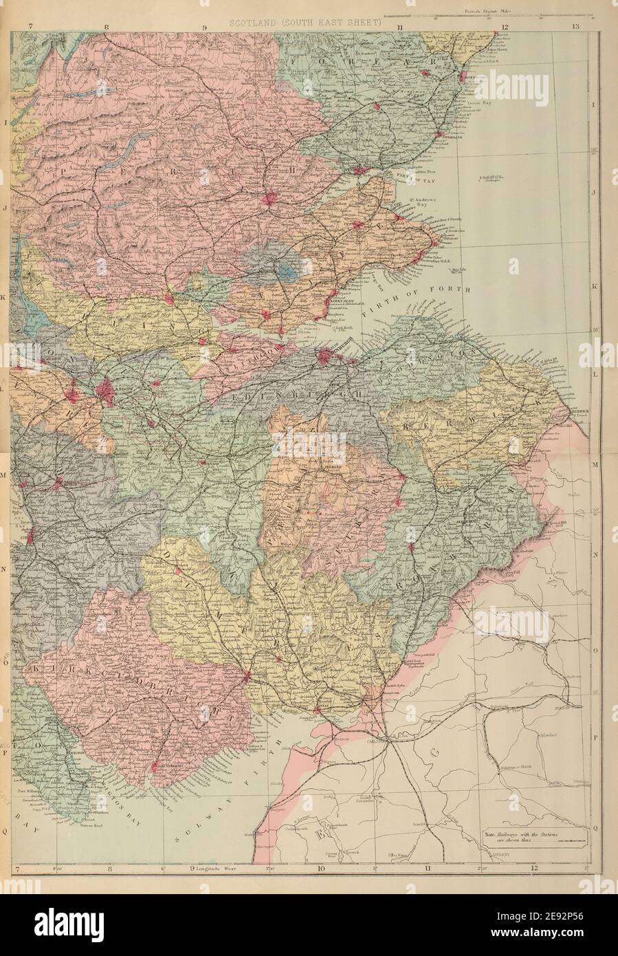 SCHOTTLAND (Südosten) Edinburgh Glasgow Perth Fife GW BACON 1885 alte Karte Stockfoto