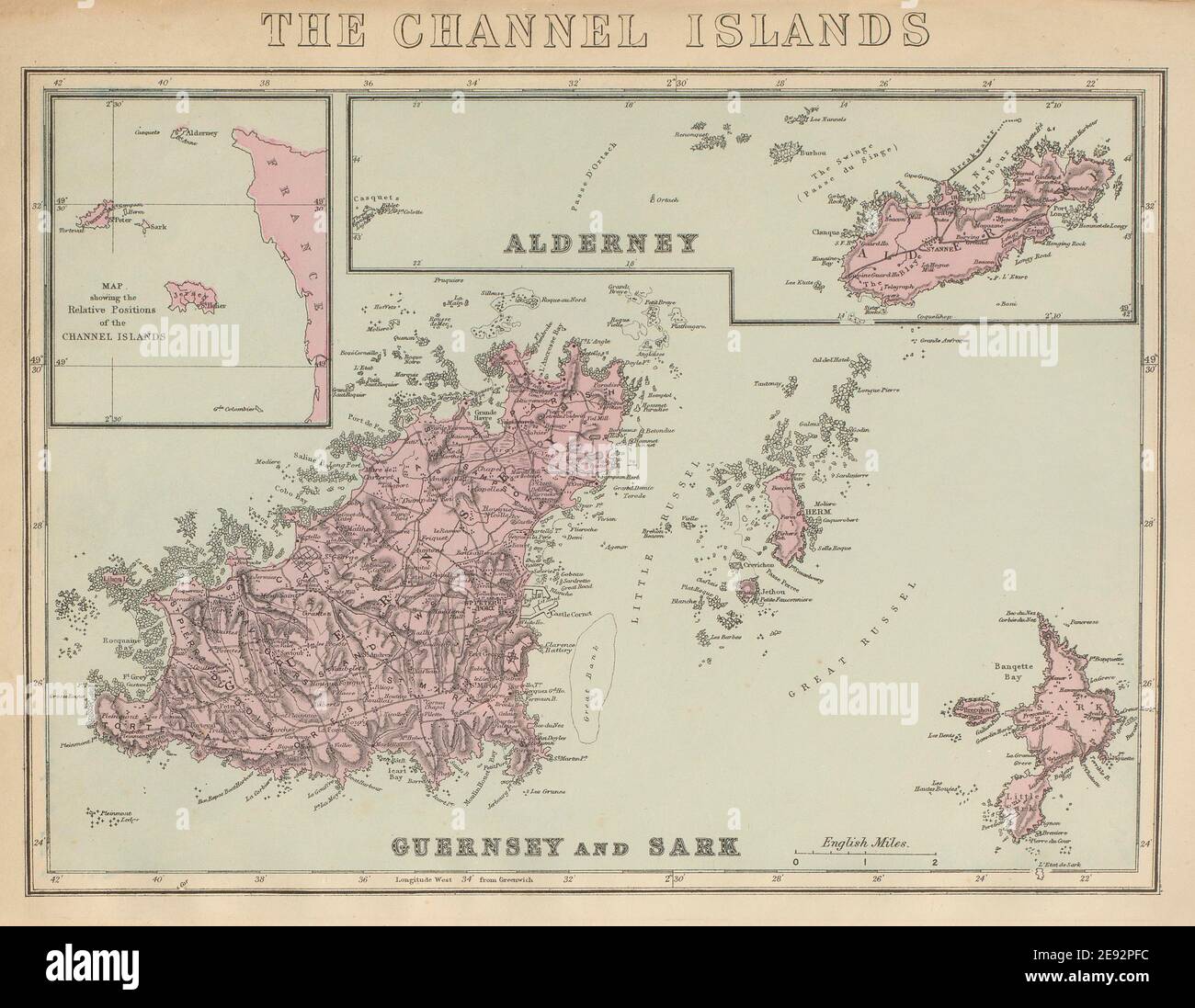 CHANNEL ISLANDS Alderney, Guernsey, Sark & Herm antike Landkarte von GW BACON 1885 Stockfoto