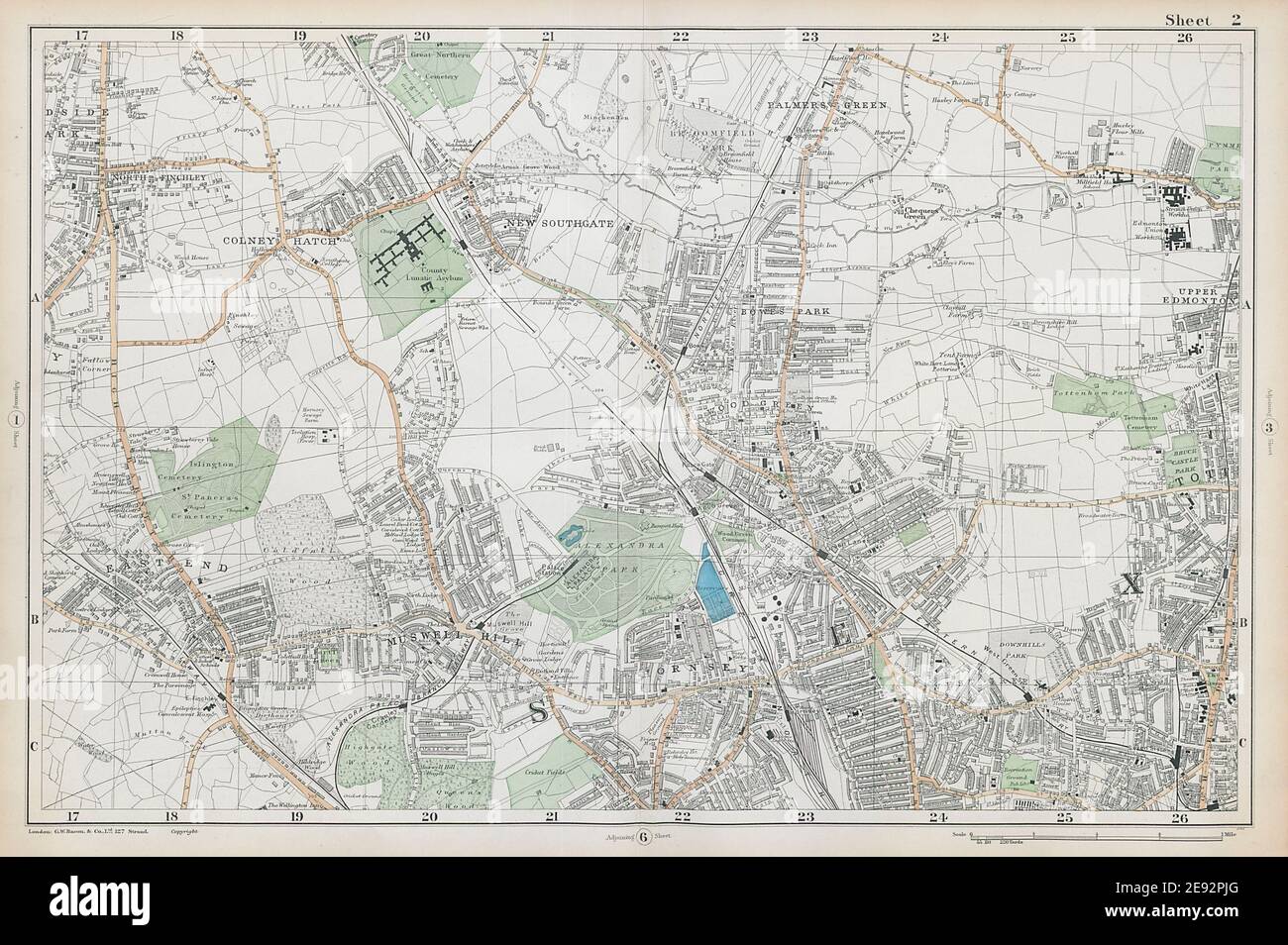 FRERN BARNETT/HORNSEY Palmers/Wood Green Southgate Muswell Hill. BACON 1906 Karte Stockfoto