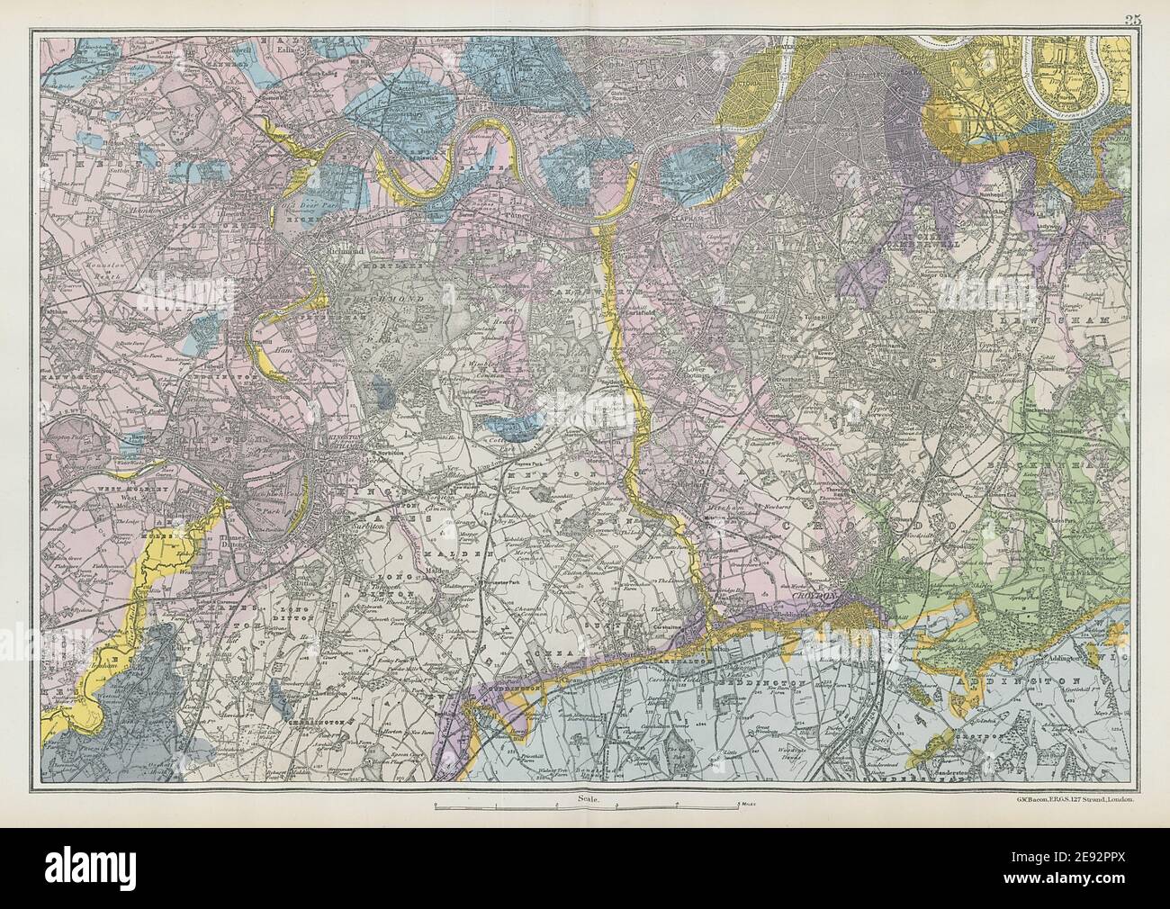 SW LONDON GEOLOGISCHE K&C Fulham Surrey Richmond Wandsworth &c. BACON 1906 Karte Stockfoto