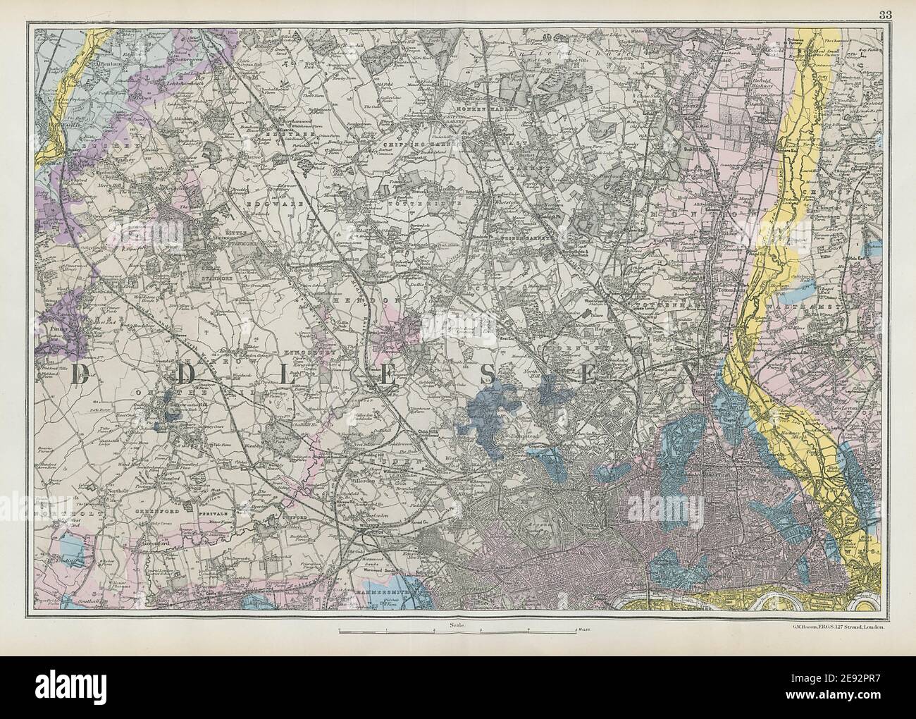 NW LONDON GEOLOGISCHE Westminster Islington Brent Ealing Camden.BACON 1906 Karte Stockfoto