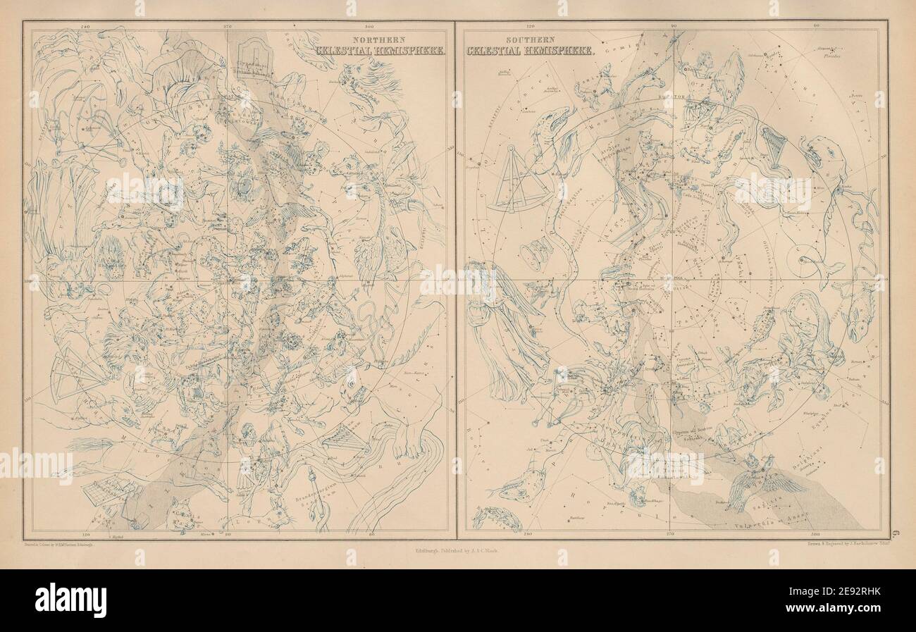 Nördliche Und Südliche Himmelshemisphären. Sternenkarten. BARTHOLOMEW 1870 Karte Stockfoto