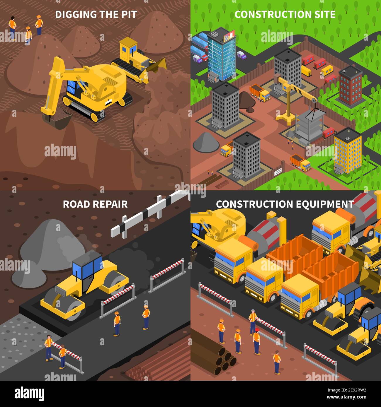 Allgemeines Baukonzept Isometrie mit Szenen von Grabausrüstungen vor Ort Und Straßenreparatur isoliert Vektor-Illustration Stock Vektor