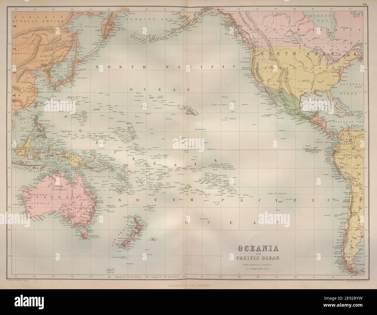 Ozeanien Und Pazifischer Ozean. Australasien Polynesien Australien. BARTHOLOMEW 1870 Karte Stockfoto
