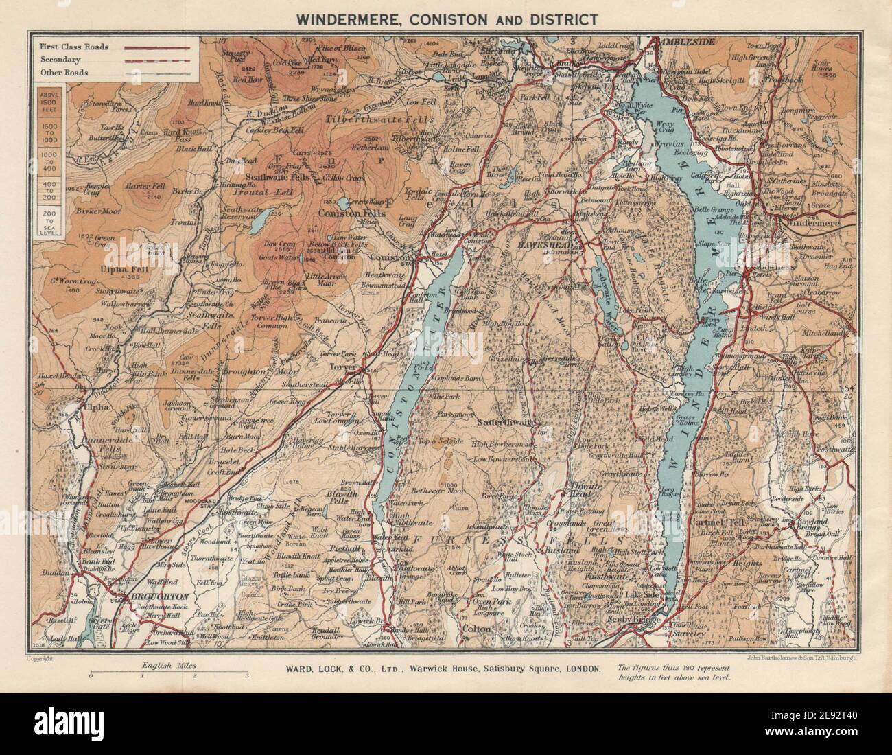 WINDERMERE & CONISTON WATER. Ambleside Lake District Cumbria. STATIONSSCHLOSS 1937 MAP Stockfoto