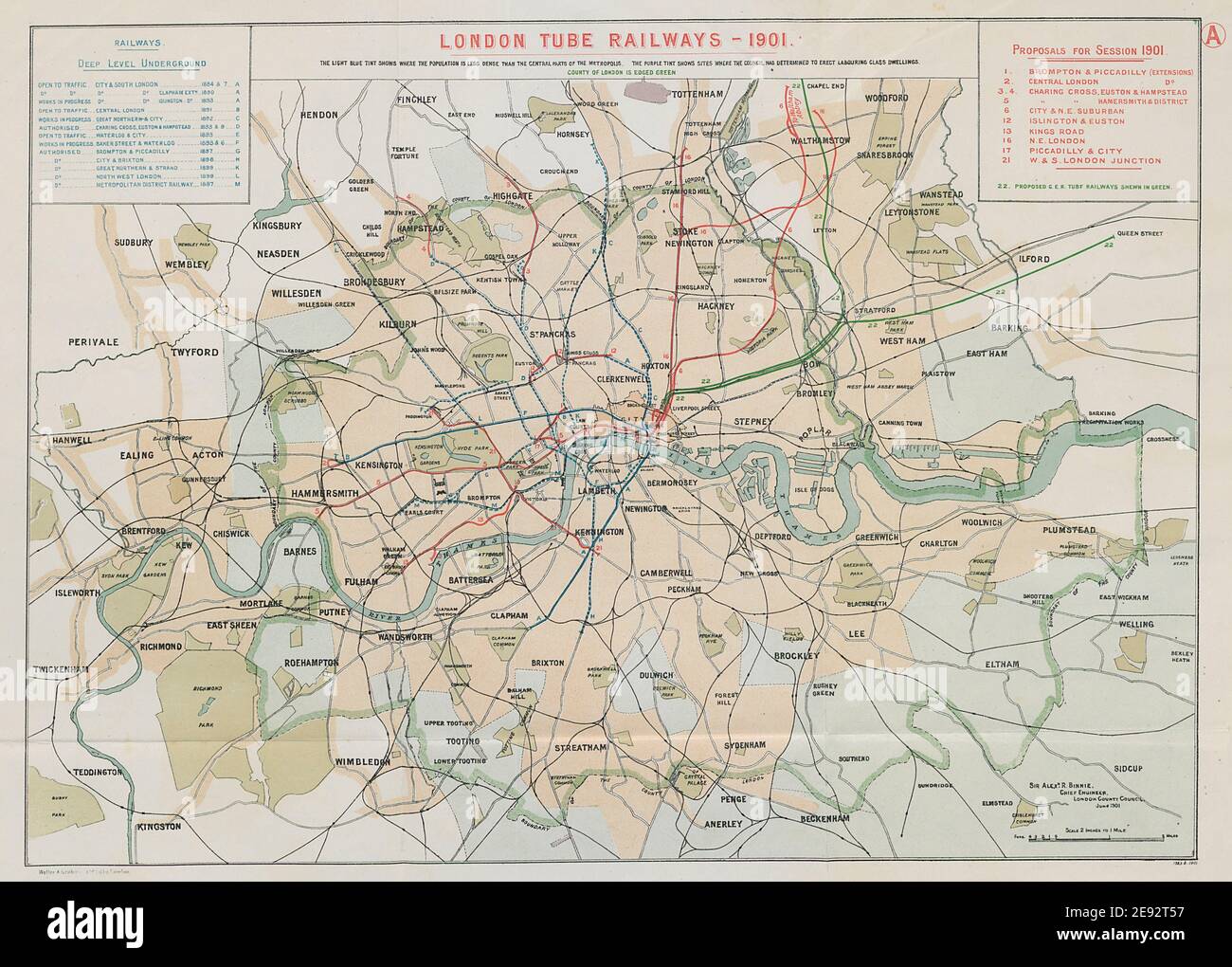 U-Bahn-Station London. 11 vorgeschlagene neue/erweiterte U-Bahn-Linien HMSO 1901 Karte Stockfoto