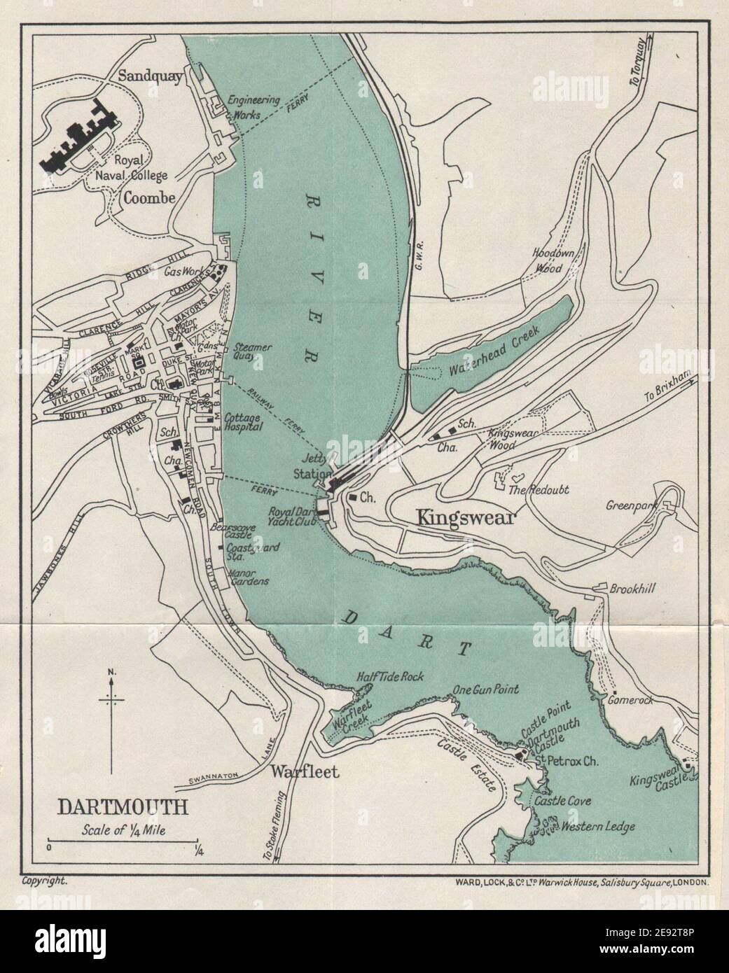 DARTMOUTH vintage Tourist Stadt Stadtplan. Devon. STATIONSSCHLOSS 1930 alte Karte Stockfoto