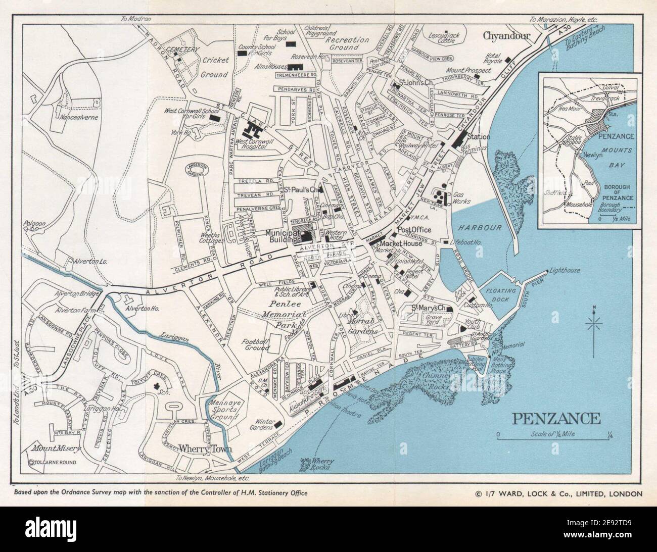 PENZANCE vintage Touristenstadt Stadtplan. Cornwall. STATIONSSCHLOSS 1966 alte Karte Stockfoto