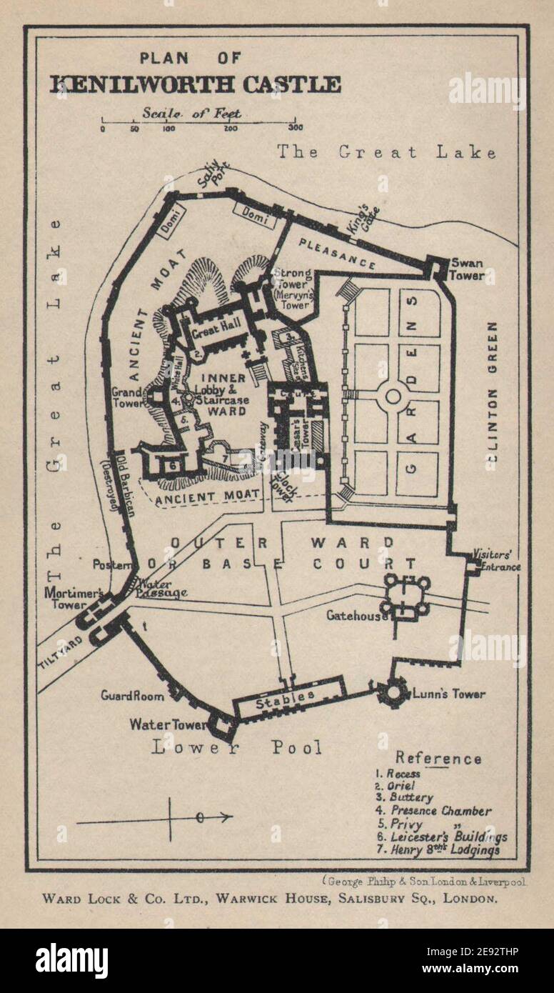 KENILWORTH CASTLE vintage touristischer Grundriss. Warwickshire. STATIONSSCHLOSS 1900 MAP Stockfoto