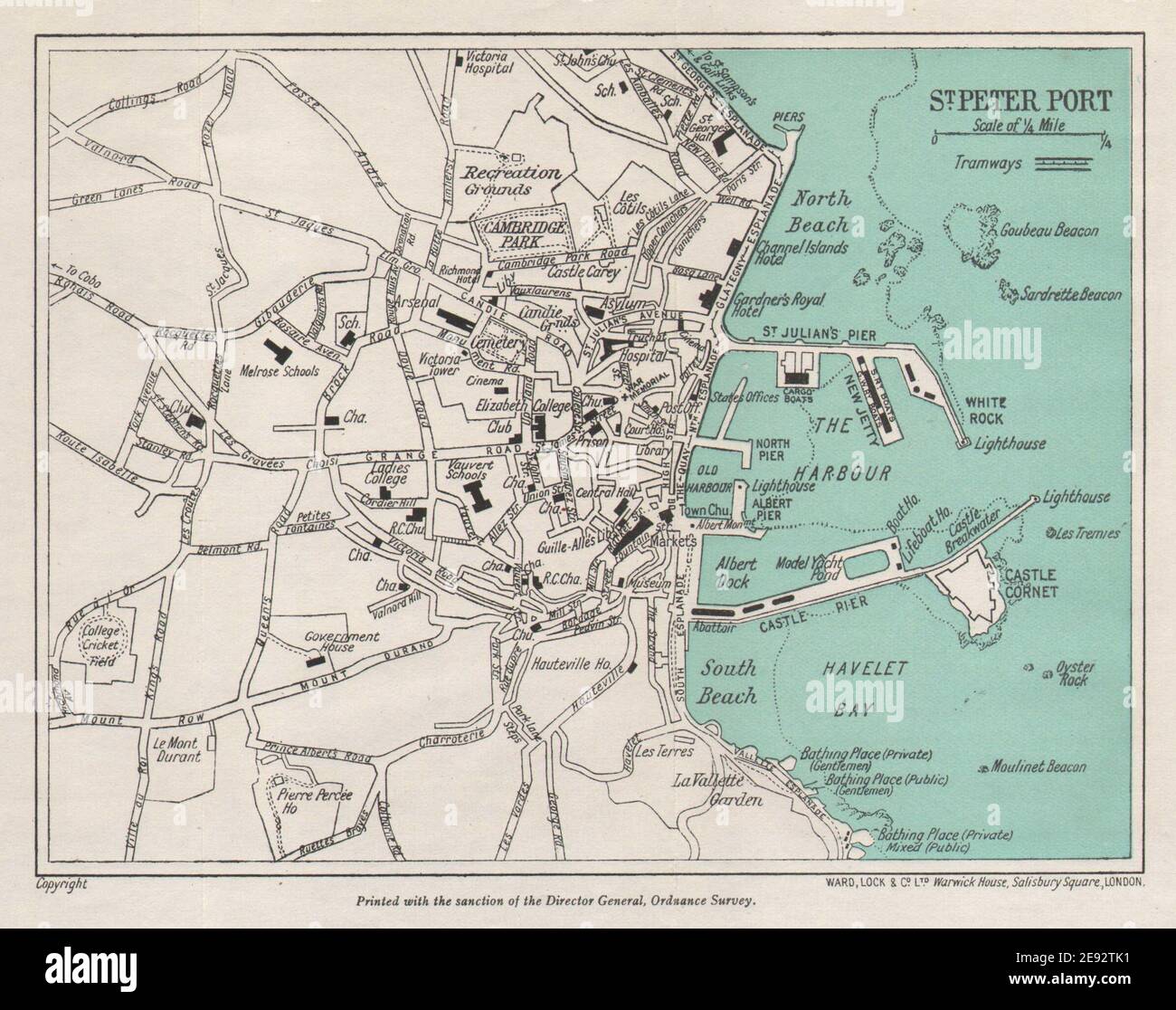 ST. PETER PORT vintage Stadtplan. Guernsey Channel Islands. STATIONSSCHLOSS 1950 MAP Stockfoto