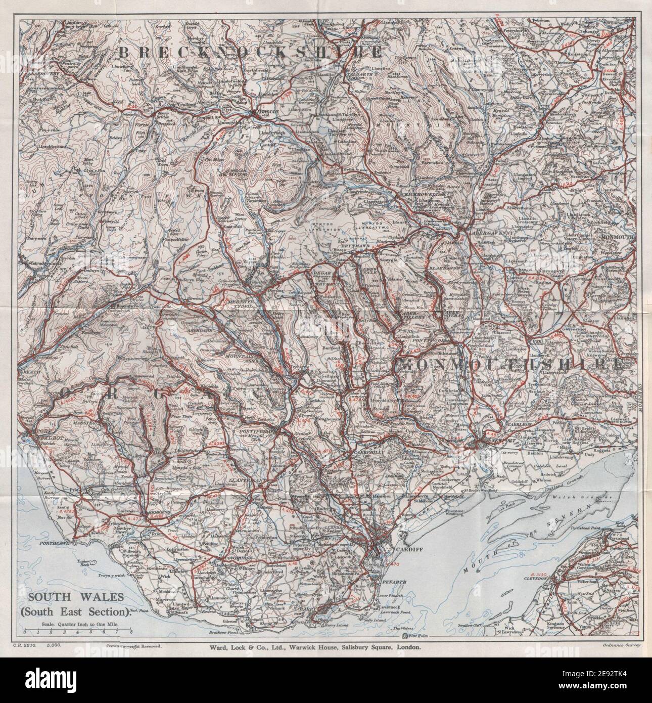 SOUTH WALES VALLEYS Cardiff Newport Neath Barry Bridgend Brecon Beacons 1936 Karte Stockfoto