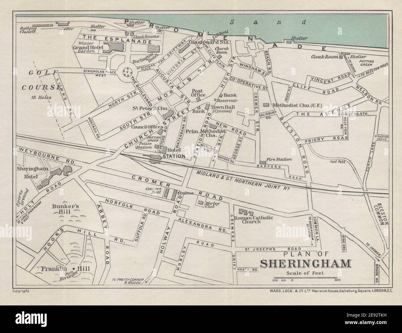 SHERINGHAM Vintage Touristenstadt Stadtplan. Norfolk. STATIONSSCHLOSS 1937 alte Karte Stockfoto