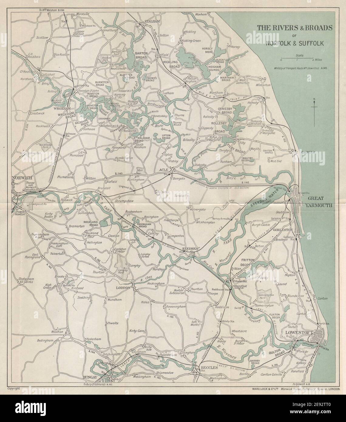 DIE NORFOLK BROADS. Tolles Yarmouth Lowestoft Beccles Norwich. STATIONSSCHLOSS 1937 MAP Stockfoto