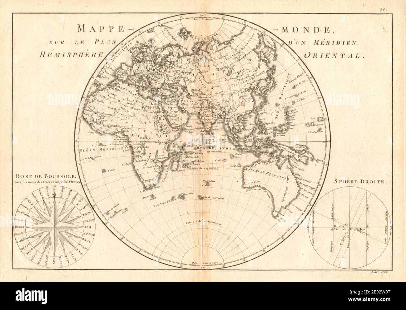 Mappe-monde sur le Plan d’un Méridien, Hemisphere Oriental. BONNE 1787 alt Stockfoto Mappe-monde sur le Plan d’un Méridien, Hemisphere Oriental. BONNE 1787 alt Stockfoto