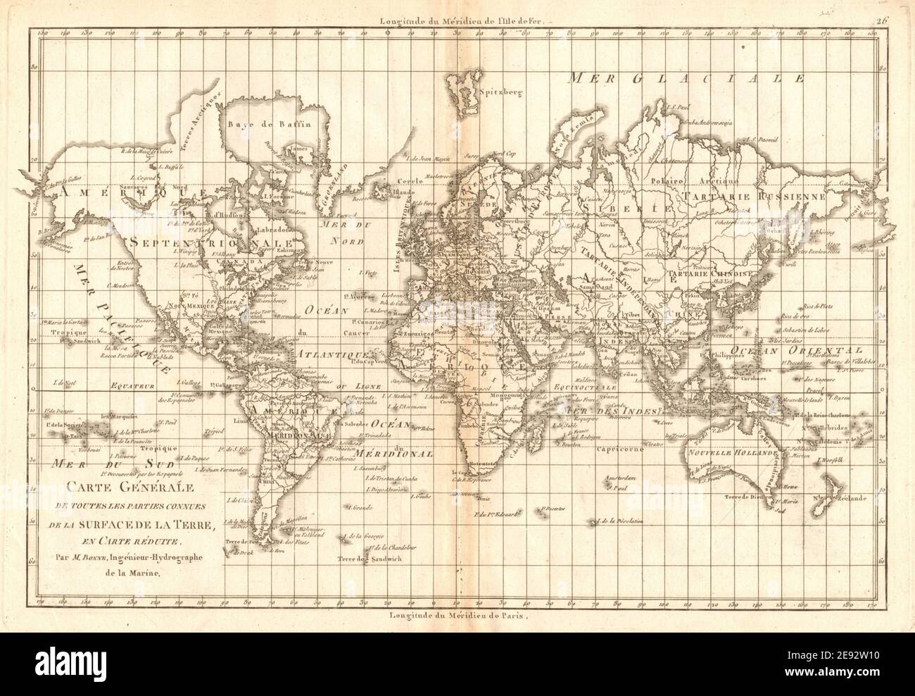 Carte générale de toutes les parties connues de la… terre. Welt. BONNE 1787 Karte Stockfoto