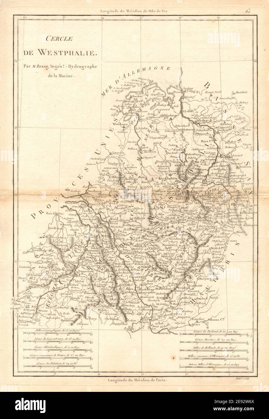 Cercle de Westhalie. Kreis Westfalen. Nordwest-Deutschland. BONNE 1787 Karte Stockfoto