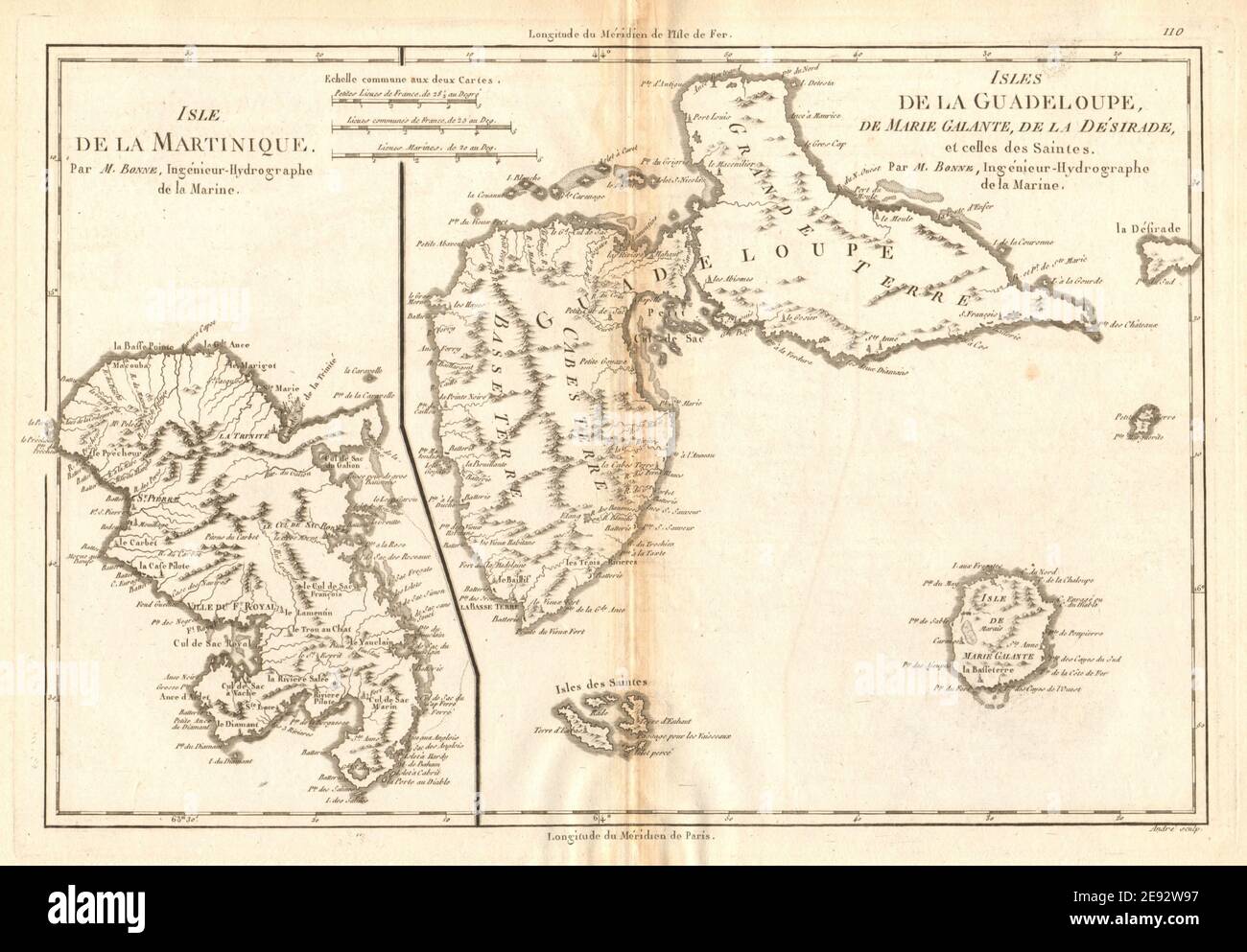 Martinique, Guadeloupe, Marie-Galante, La Désirade & Saintes. BONNE 1788 Karte Stockfoto