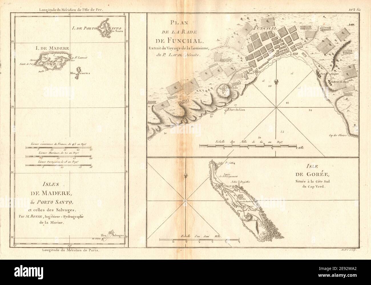 Isles de Madere, Porto Santo und Gorée. Funchal Hafen. Madeira. BONNE 1788 Karte Stockfoto