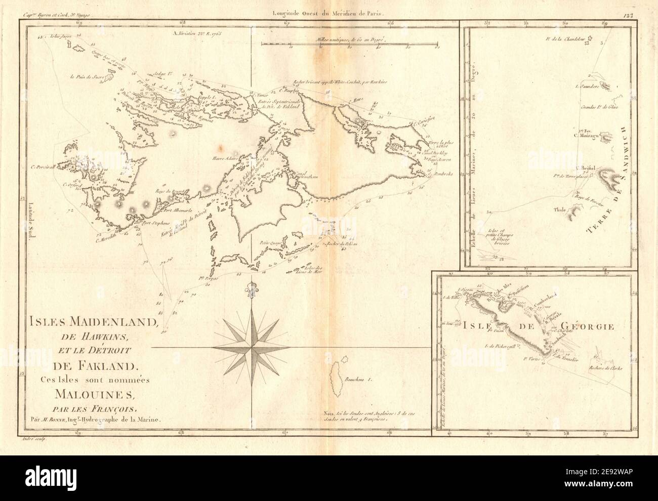 Isles Maidenland & Hawkins. Falklandinseln Und Südgeorgien. BONNE 1788 Karte Stockfoto