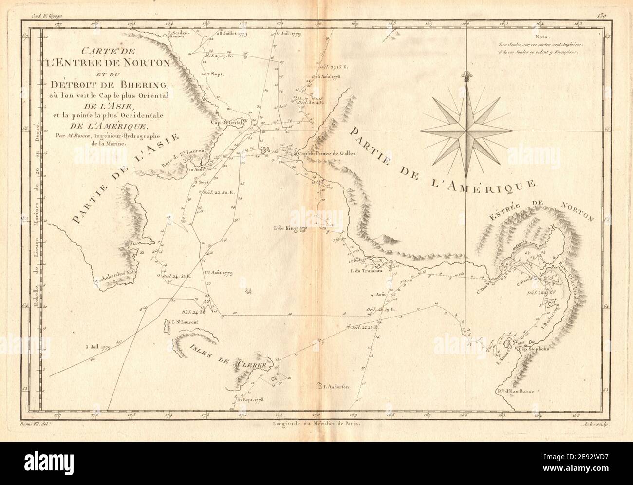 Entree von Norton und Détroit de Bhering. Bering Strait Norton Sound BONNE 1788 Karte Stockfoto