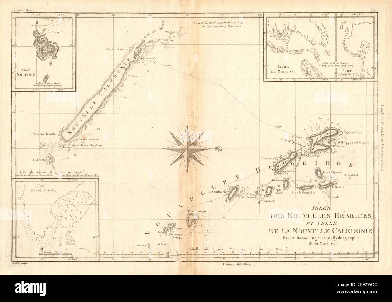 Nouvelles Hébrides Und Nouvelle Calédonie. Vanuatu Und Neukaledonien. BONNE 1788 Karte Stockfoto