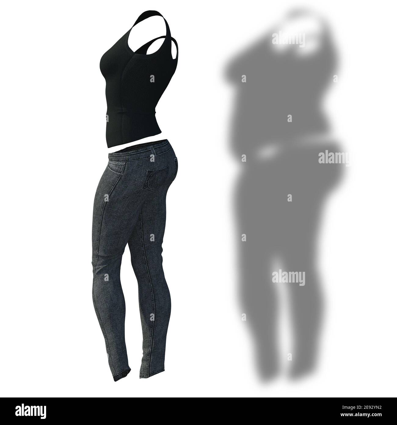 Conceptual Fett übergewichtig fettleibig Schatten weibliche Jeans Unterhemd vs schlank fit gesunden Körper nach Gewichtsverlust oder Diät dünn junge Frau isoliert. Stockfoto