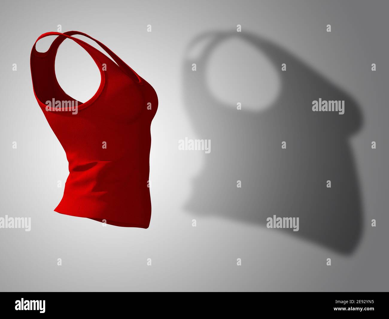 Conceptual Fat Übergewicht fettleibig Schatten weibliche Unterhemd vs Slim Fit gesunder Körper nach Gewichtsverlust oder Diät dünne junge Frau auf rot. Stockfoto