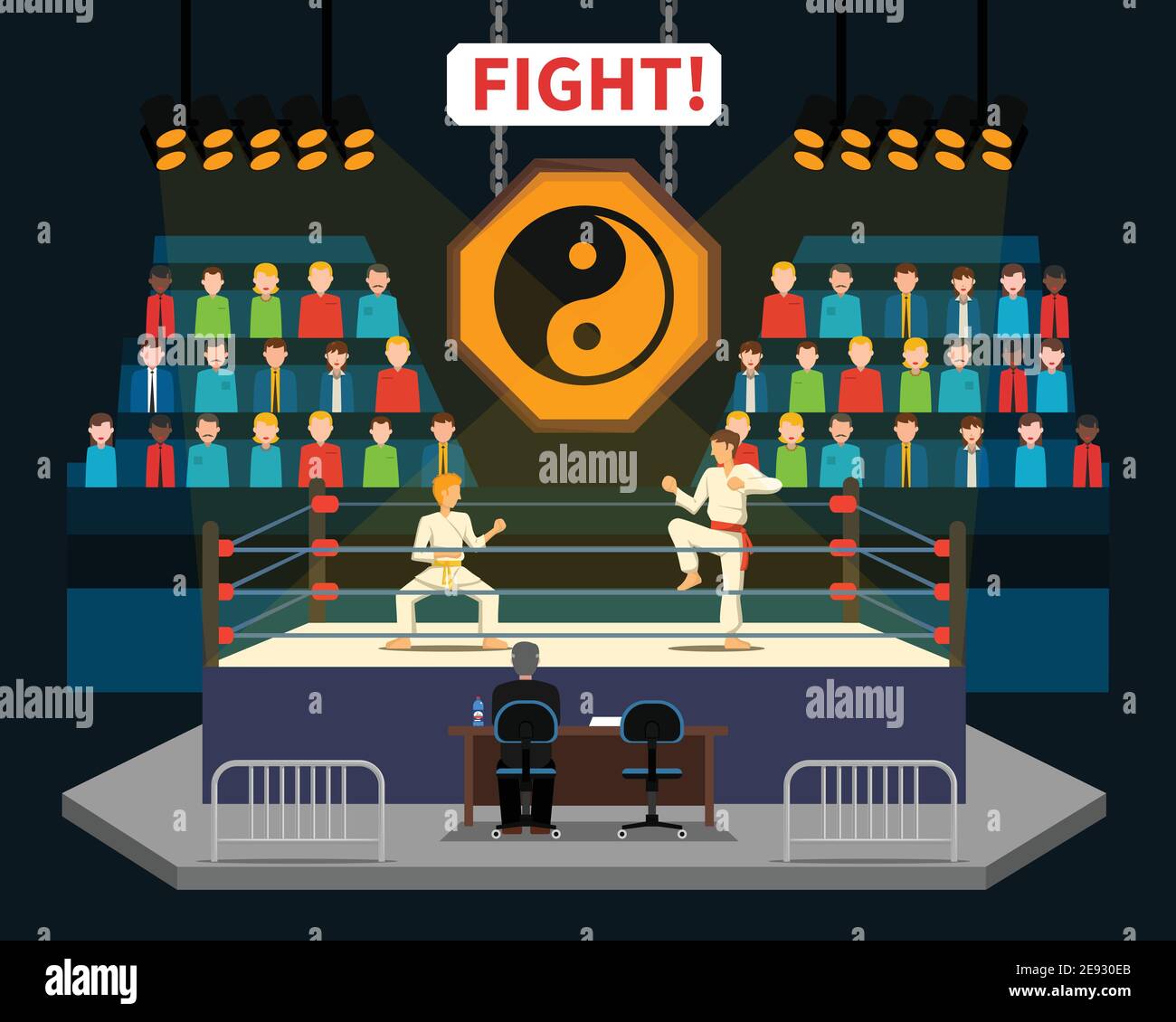 Martial Arts Kampf Konzept mit Zuschauern und Richter flachen Vektor Abbildung Stock Vektor