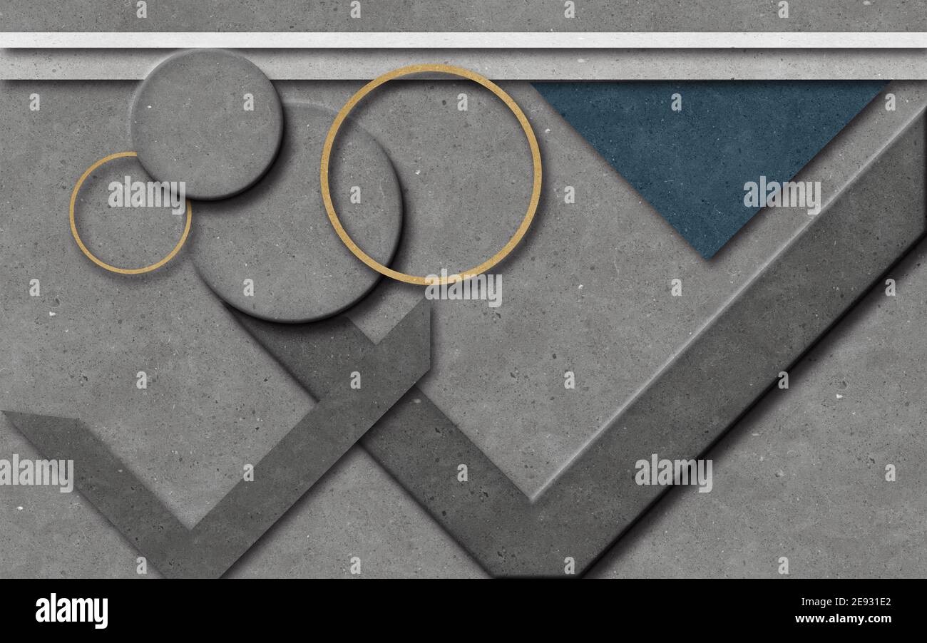 3D geometrische Illustration, graue Kreise, Ecken, beige Ringe, dunkelgrünes Dreieck Stockfoto