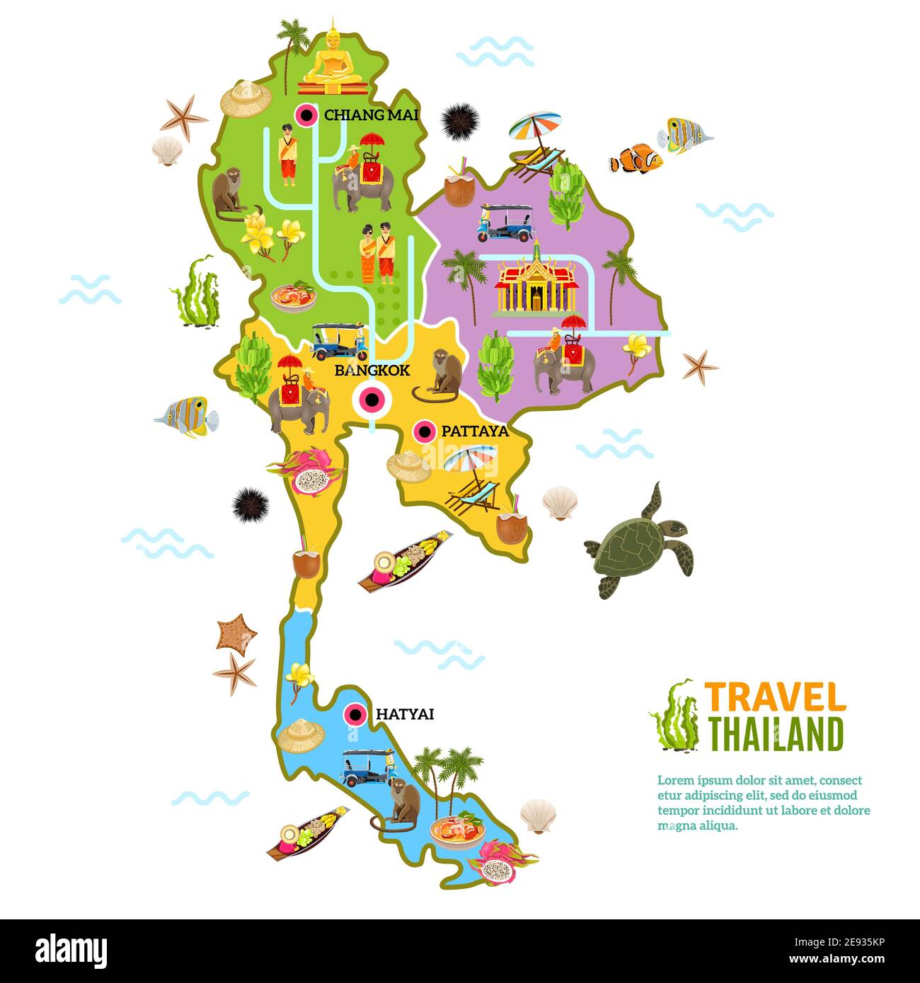 Thailand Poster mit Karte und Bild der wichtigsten Sehenswürdigkeiten und Erbe des Landes auf weißem Hintergrund Vektor-Illustration Stock Vektor