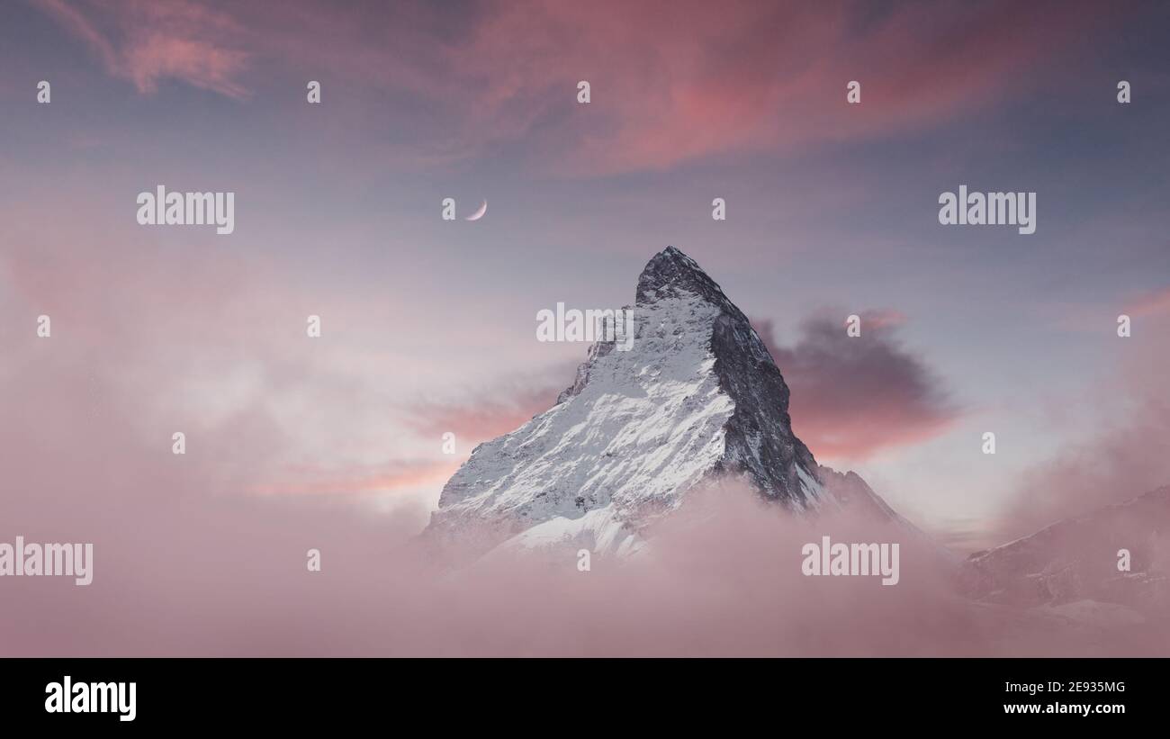 Blick auf das majestätische Matterhorn mit Halbmond Die Abendstimmung Stockfoto