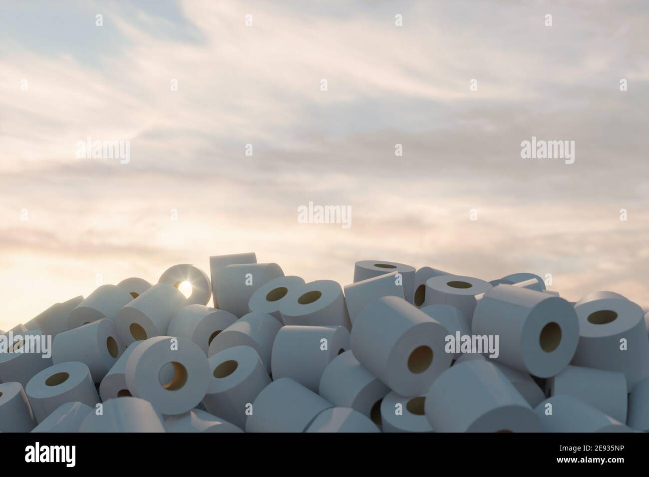 3d-Rendering von Haufen mit vielen Toilettenpapier im Abendlicht Stockfoto