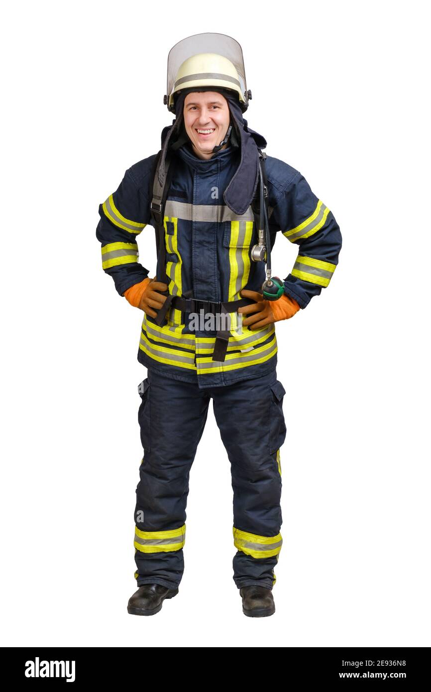 Lächelnder junger Mann in Feuerwehruniform Stockfoto