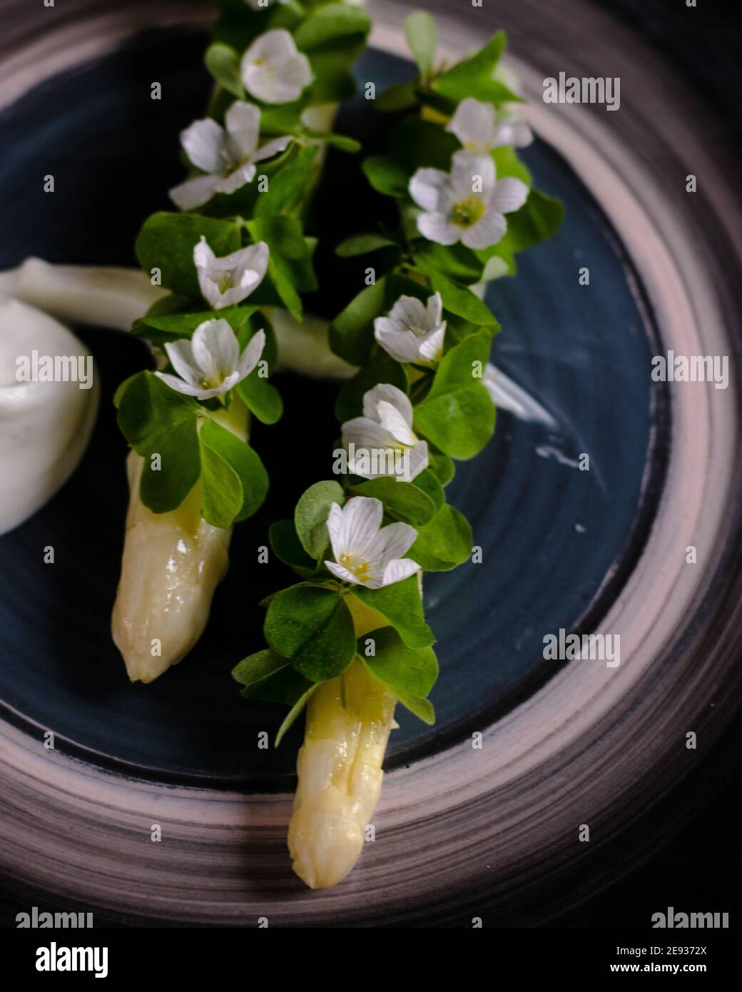 Gericht gekochten weißen Spargel plattiert und mit Weiß dekoriert Blumen und Sahne auf der Seite in einem Restaurant Stockfoto