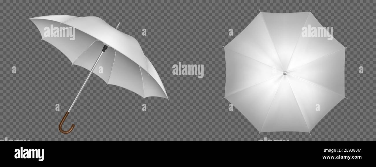 Weißer Schirm vorne und von oben. Vector realistische Mockup von blanken  Sonnenschirm mit Holzgriff, klassisches Zubehör für Regenschutz im  Frühjahr, Herbst Stock-Vektorgrafik - Alamy