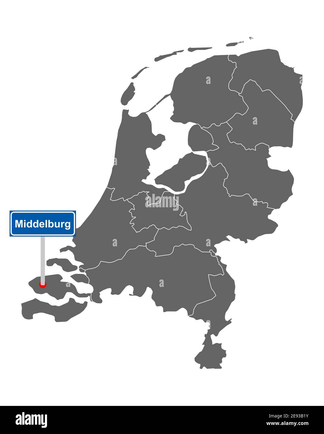 Karte der Niederlande mit Straßenschild Middelburg Stockfoto