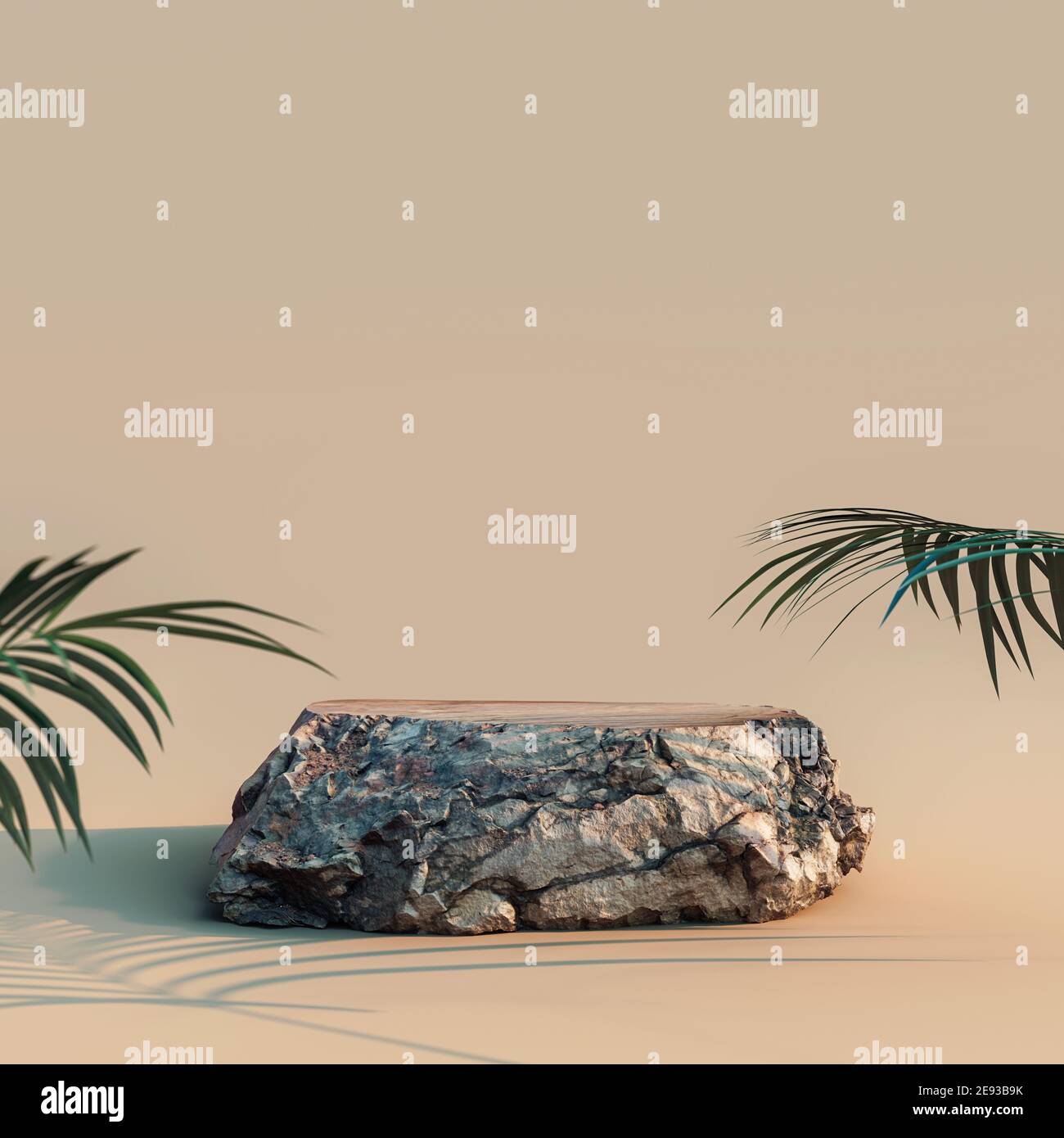 Modell leeres Podium aus Naturstein mit Grün Pflanze auf braunem Hintergrund 3D Rendering Stockfoto
