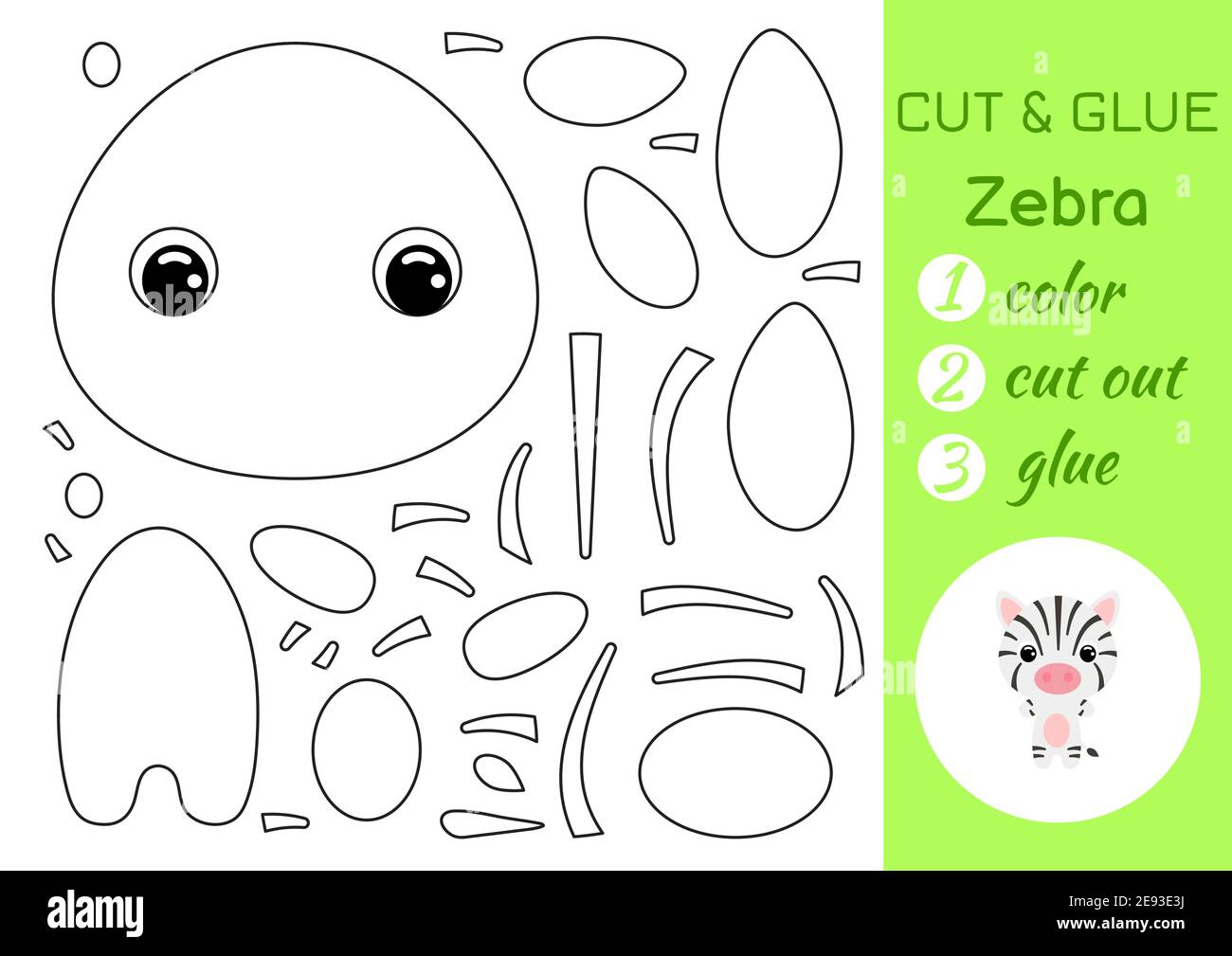 Malbuch schneiden und kleben Baby Zebra. Pädagogische Papier Spiel für Vorschulkinder. Arbeitsblatt ausschneiden und einfügen. Farbe, Schnittteile und Kleber auf Papier. Stock Vektor