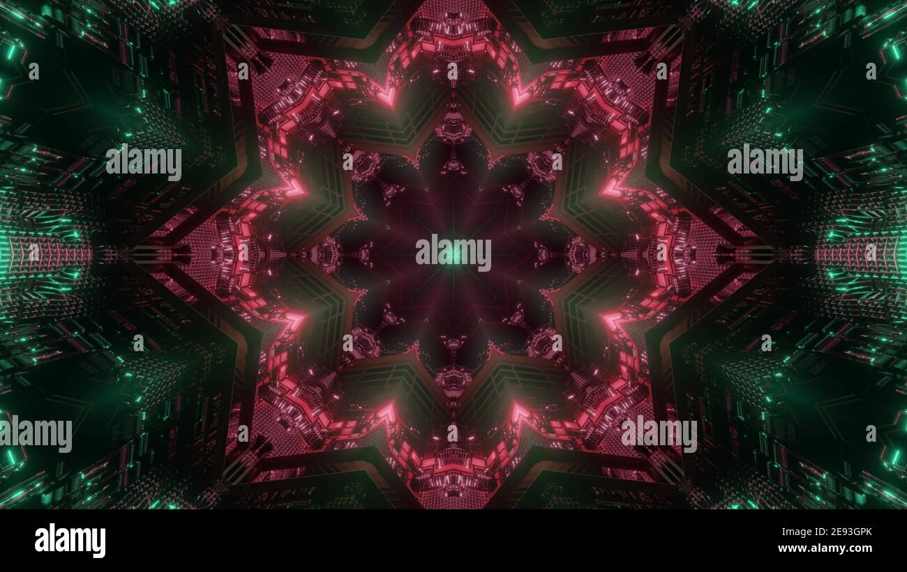 3D Illustration abstraktes Hintergrunddesign von virtuellen endlosen Raum Tunnel Mit leuchtendem roten Blumenschmuck in der Dunkelheit mit grünen Funkeln Stockfoto