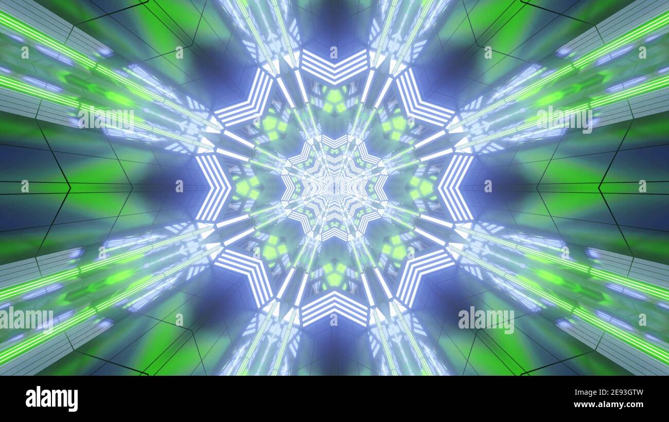 Glowing Neon 3D Illustration abstrakte Hintergrund-Design mit in grün Und Blautöne mit geometrischen Blumen geformt kaleidoskopischen Muster und Visuelle pe Stockfoto