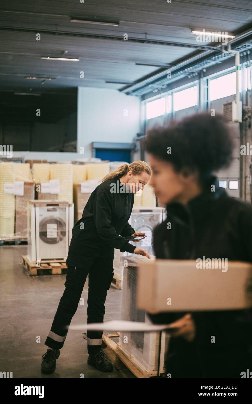 Geschäftsfrau analysiert Box-Container mit weiblicher Handarbeiterin im Lager Stockfoto