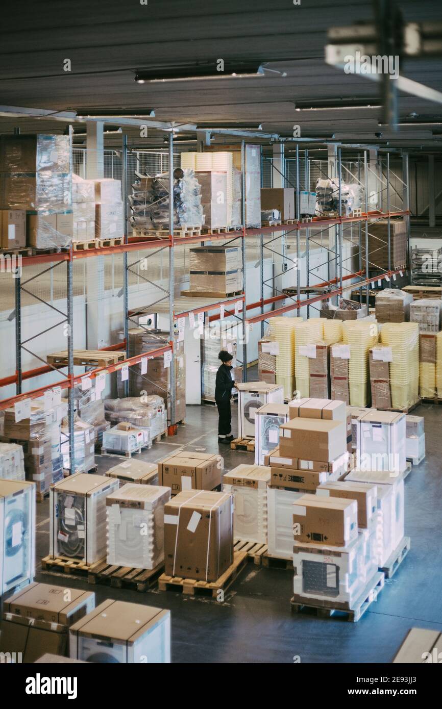 Geschäftsfrau analysiert Box-Container im Lager Stockfoto