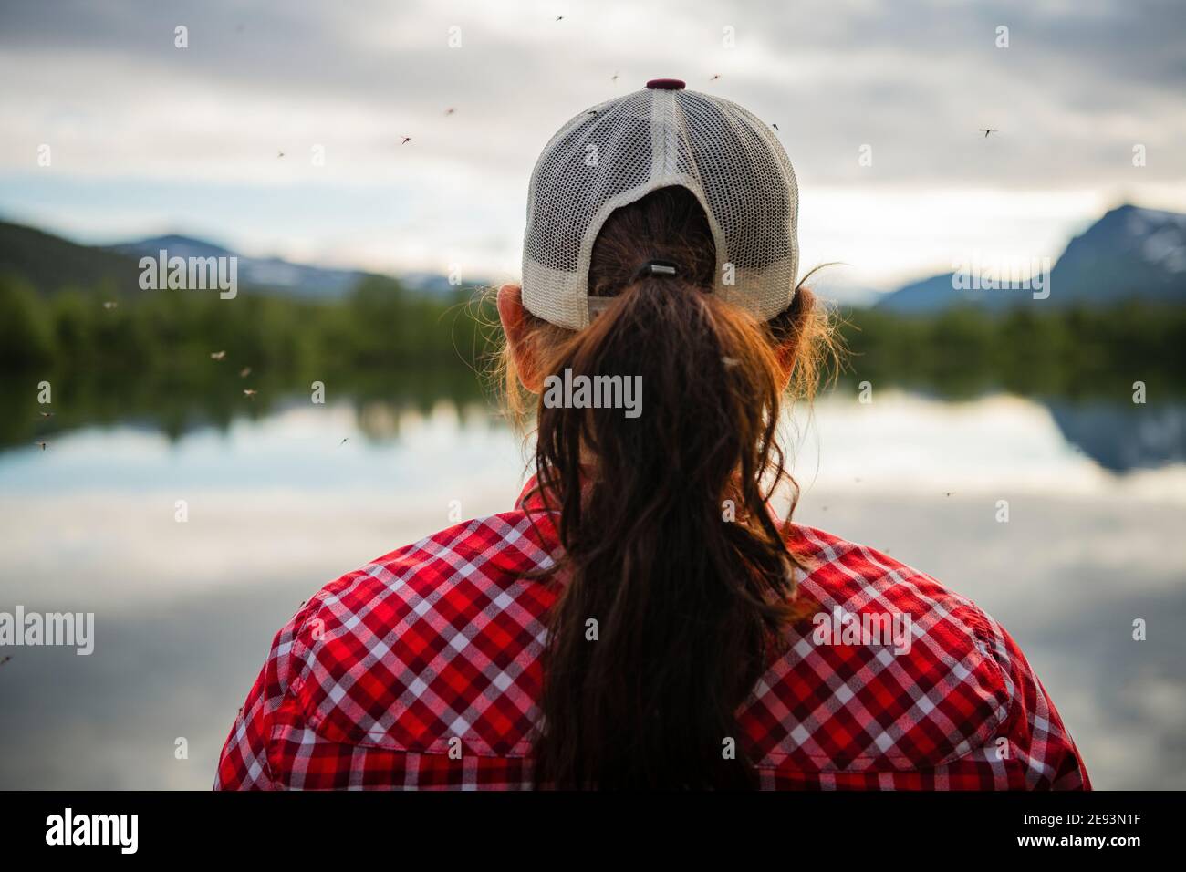 Rückansicht der Frau am See Stockfoto
