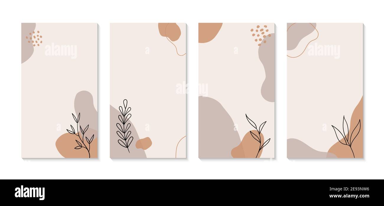 Minimale organische instagram Geschichten Vorlage. Vektor-Set von vertikalen abstrakten Hintergründen in Boho-Stil mit Pflanzen und organischen Formen Stock Vektor