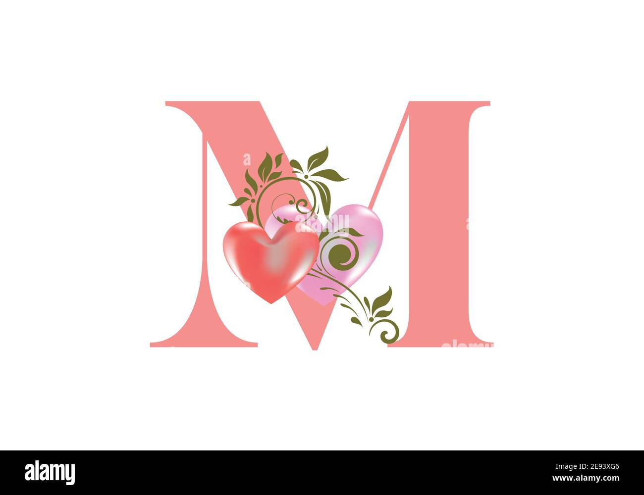 Florales Alphabet, Buchstabe M mit zwei Herzen. Monogramm Initialen für Hochzeitseinladungen, Grußkarte etc. Valentinstag Konzept Stock Vektor